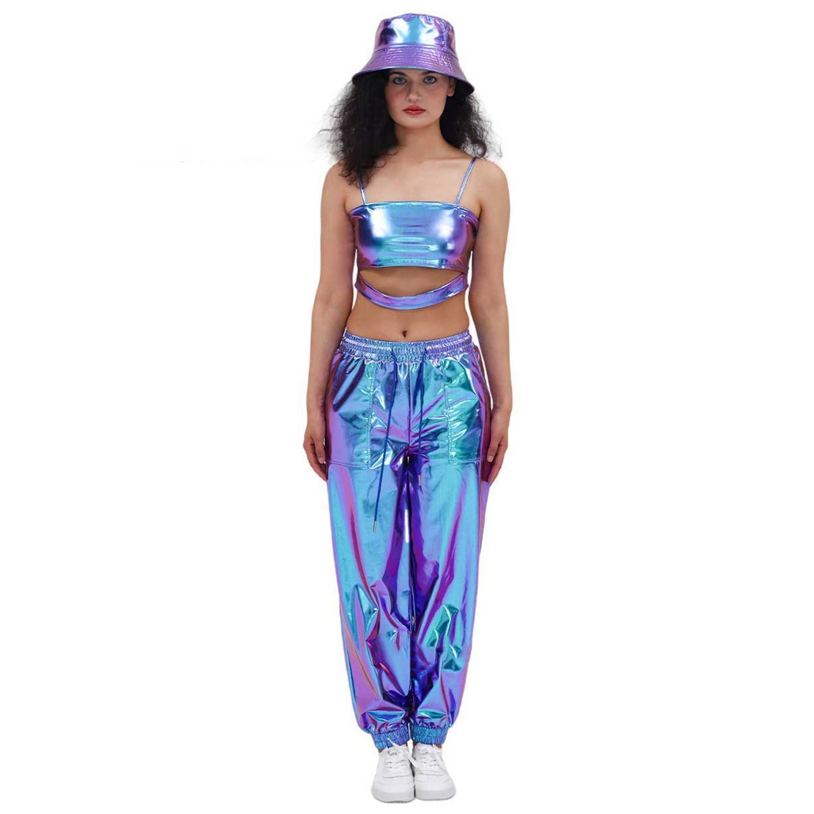 Wovix Womens Shiny Metallic High Waist Stretchy Jogger Pants Wet Look Hop Club Wear Holographic Trousers Casual Sweatpant Trendy Streetwear Party Show