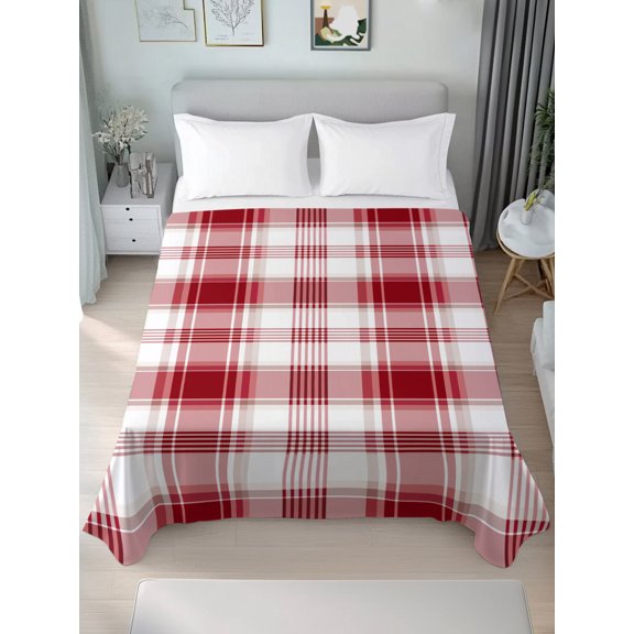 Queen Size Flat Sheet Only,Red White Gradual Soft Top Bed Sheets Breathable Bedding Sheet Abstract Geometric Plaid Microfiber Hotel Luxury Top Sheets