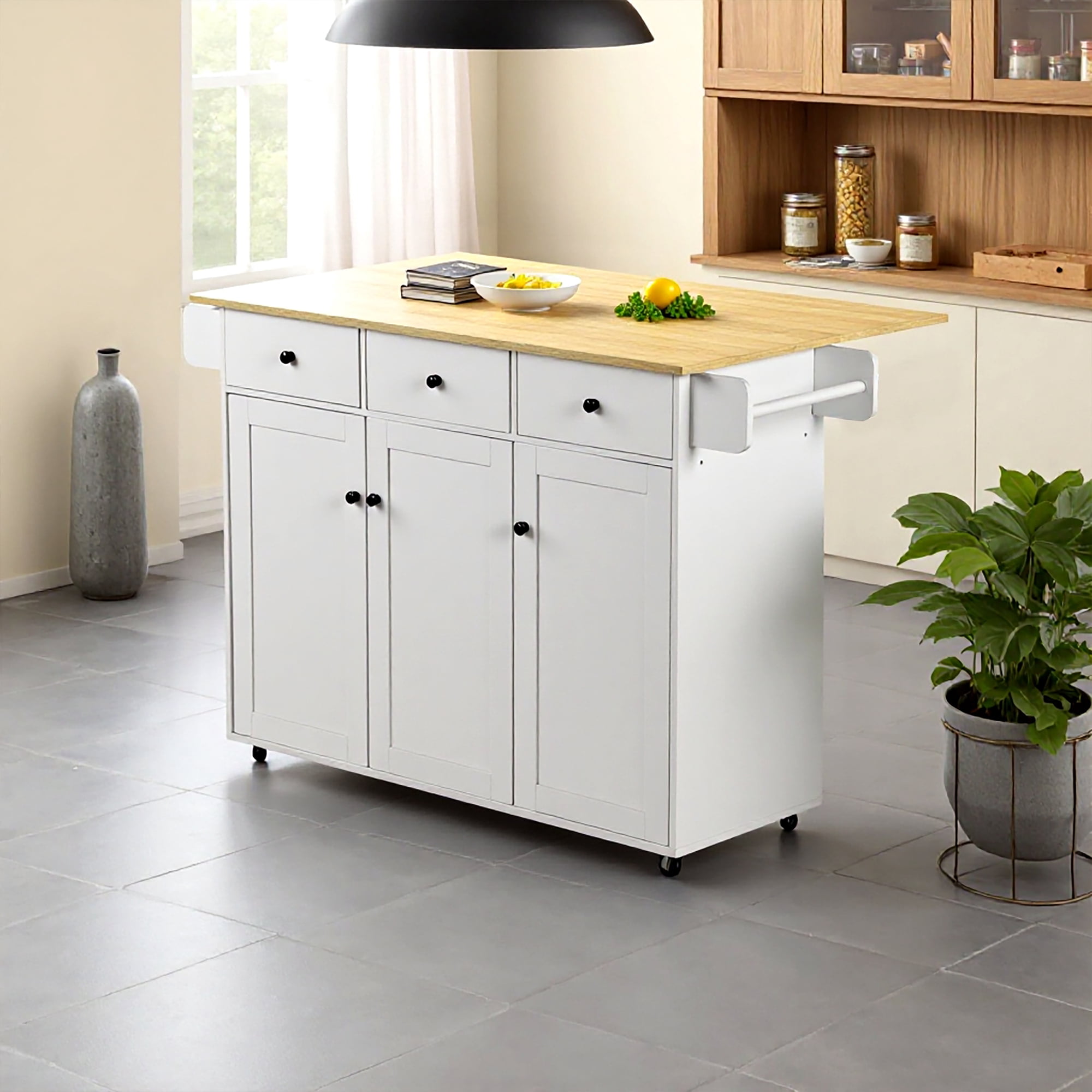 Mobile Kitchen Island Cart with Folding Drop Leaf, Light Oak Top Rolling Storage Cabinet with Drawers, Lockable Wheels & Towel Rack for Kitchen