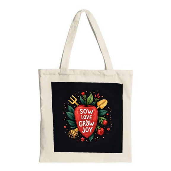 Vibrant Heart Design Tote Bag - " I Sow Love Grow Joy " with Colorful Plants & Flowers Perfect for Shopping Travel & Parties