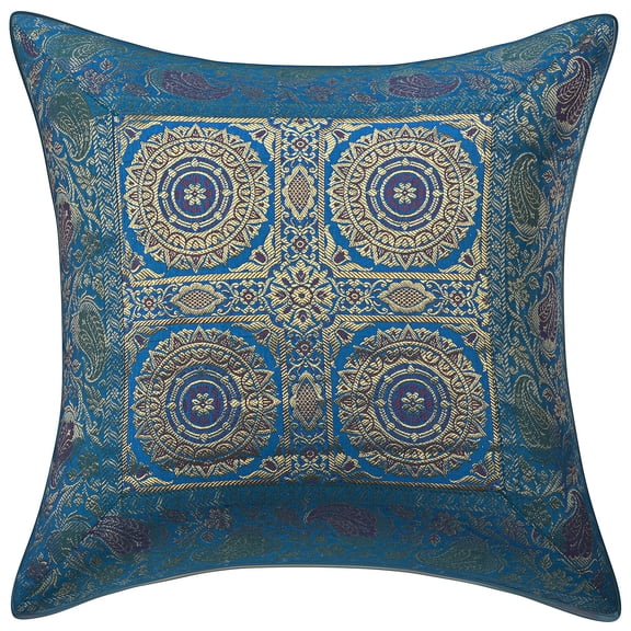 Stylo Culture Indian Decorative Throw Pillow Cover 16 x 16 Jacquard Turquoise Square 40cm x 40cm Home Decor Brocade Floral Mandala Zippered Cushion Cover | 1 Pc