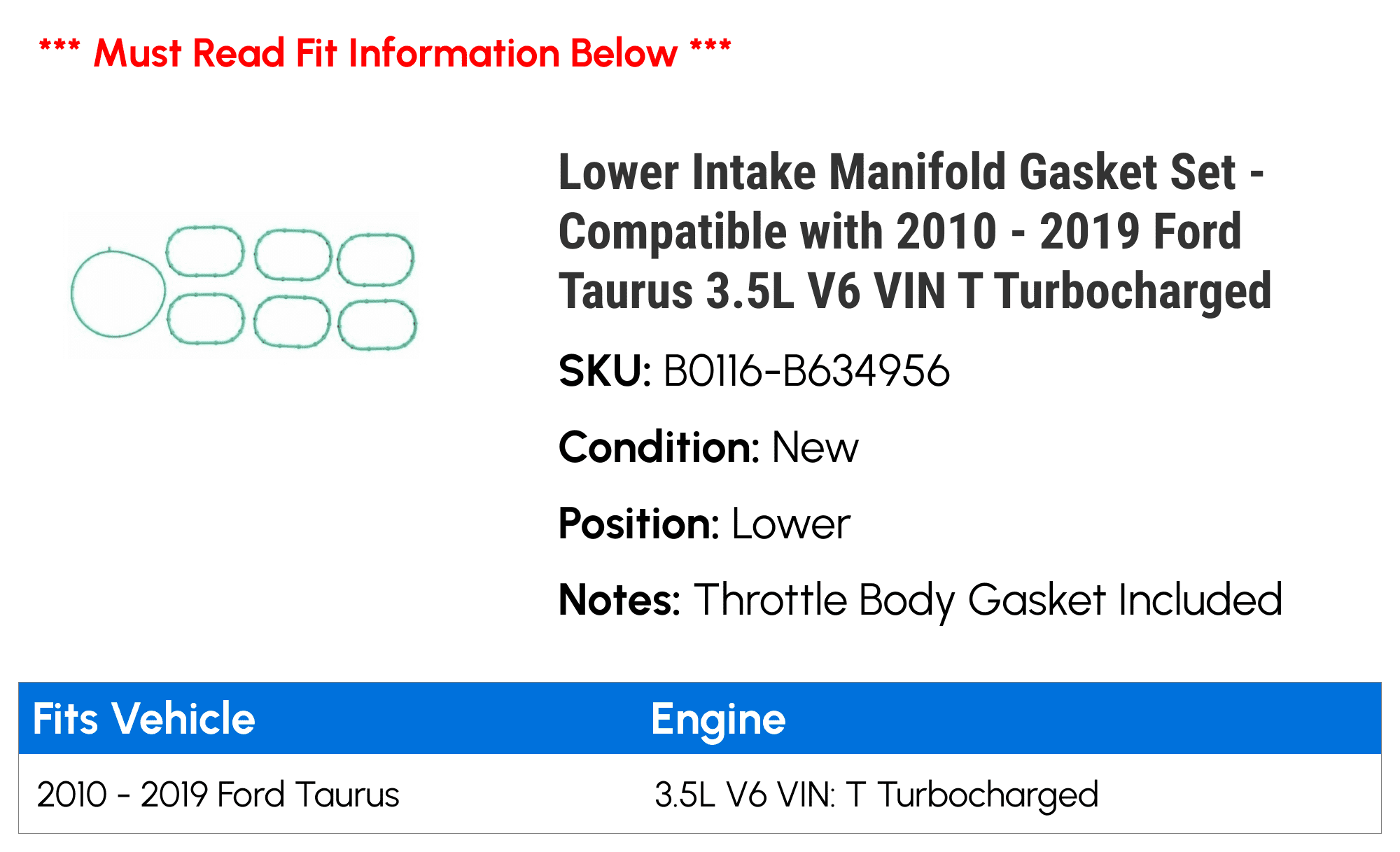 Lower Intake Manifold Gasket Set - Compatible with 2010 - 2019 Ford Taurus 3.5L V6 VIN T Turbocharged 2011 2012 2013 2014 2015 2016 2017 2018
