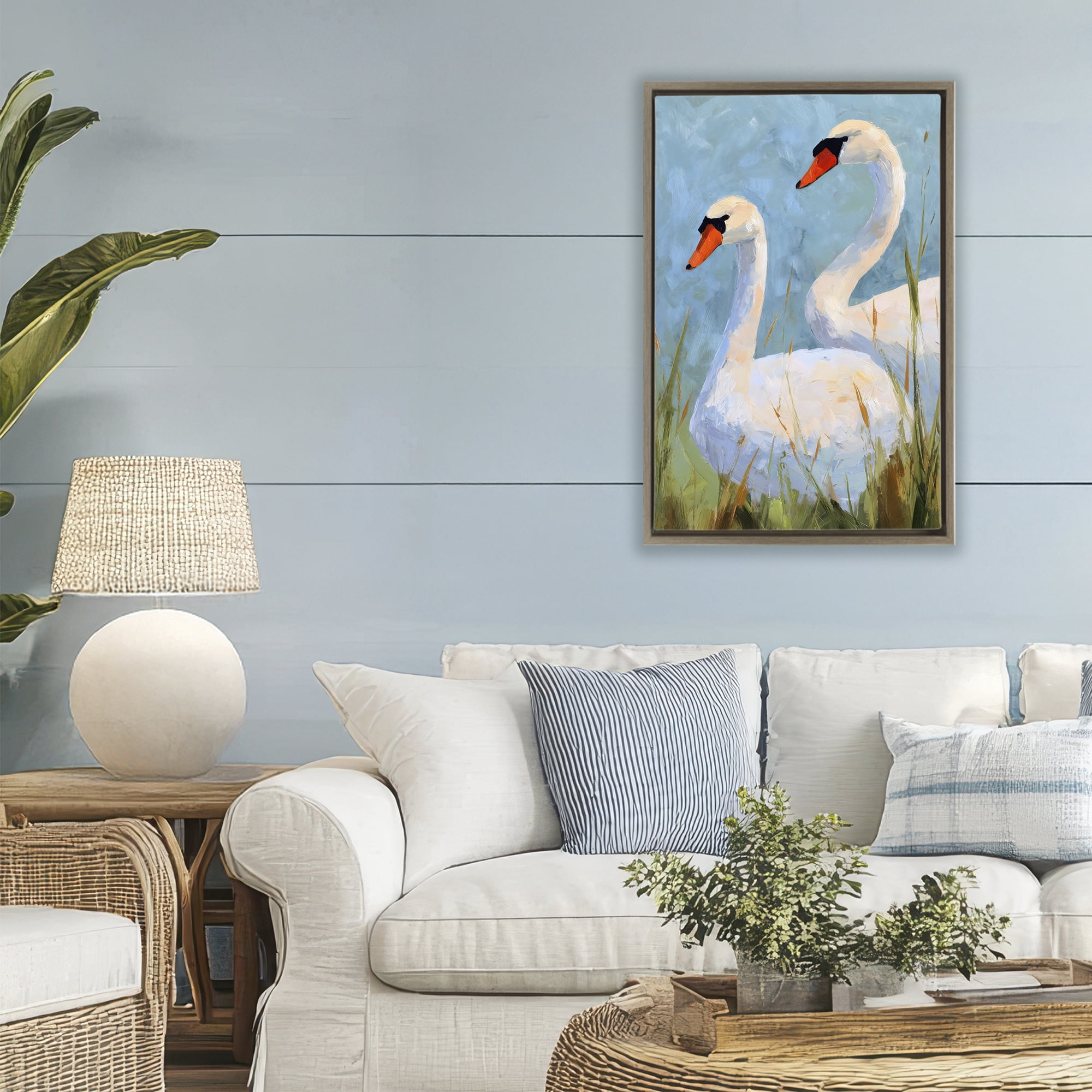 Stupell Industries Long Necks Swan Pear Brown Framed Floater Canvas Wall Art, design by Petal Prints Design