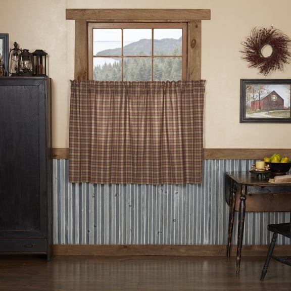 VHC Brands Crosswoods Plaid Cotton Primitive Kitchen Curtains Rod Pocket Hanging Loops 36x36 Tier Pair, Natural Tan