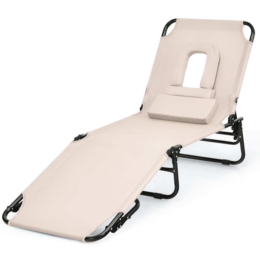 Aimee Lii Outdoor Folding Chaise Beach Pool Patio Lounge Chair Bed with Adjustable Back and Hole, Patio Loungers, Beige