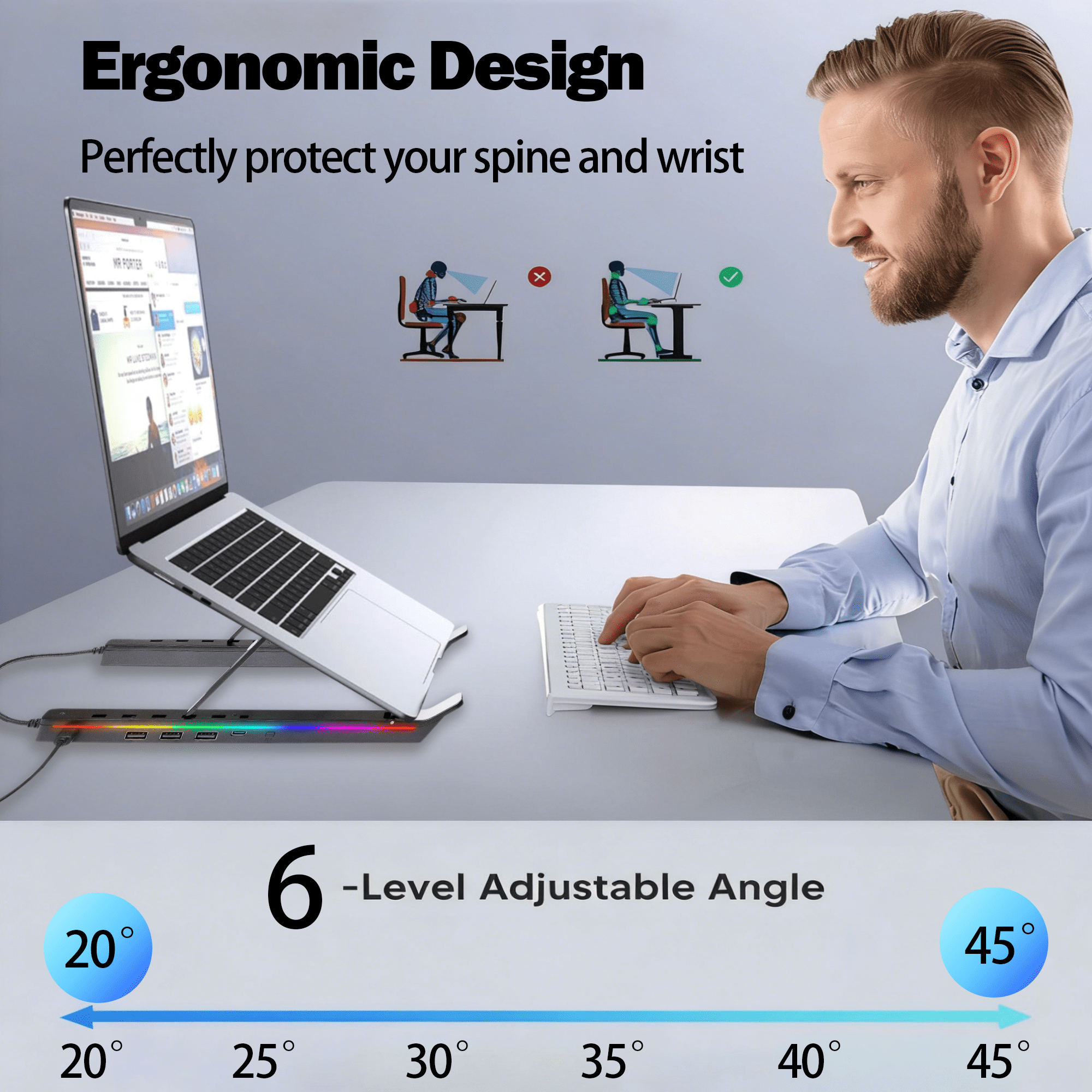 TIKBBRMG Laptop Docking Station Stand, Portable USB C Hub 5 in 1 Multiport Adapter with 3 USB Ports and Storage Bag, 12 Levels RGB Light Universal Dock Station for MacBook Pro/Air/HP/Surface/Lenovo