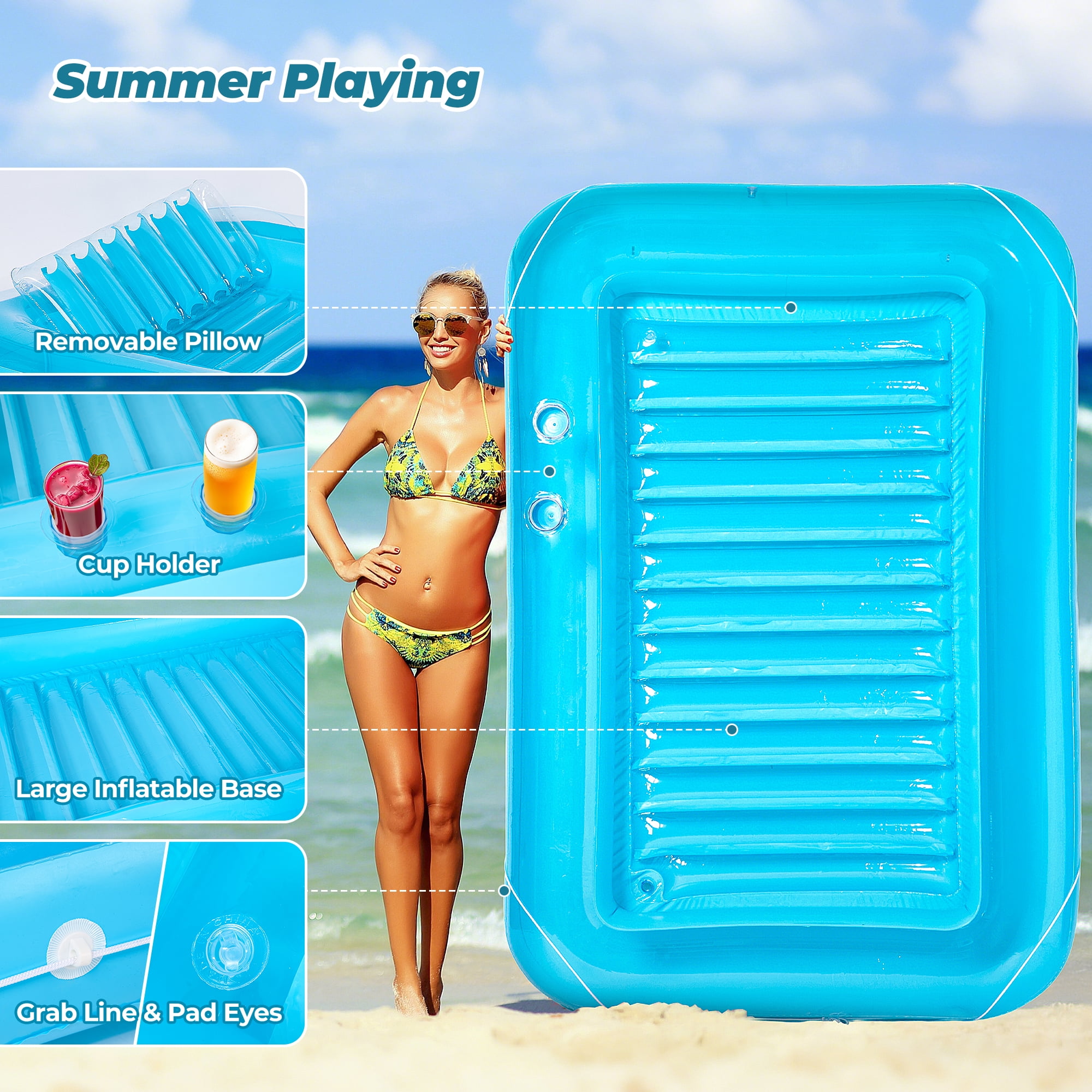 Naipo Inflatable Tanning Pool Lounger Float  75''*52" with Adjustable Pillow, 2 Cup Holder 2-in-1 Tanning Bed River Boat for Adults Dogs, Tanning Chair,  Raft 250LBS for Beach, Lake, Backyard