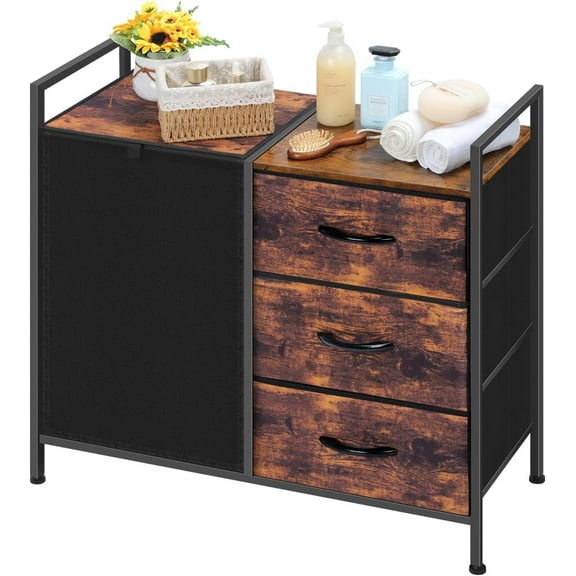Rustic Brown 3-Tier Laundry Sorter with Sliding Folding Baskets & Shelves - Bathroom/Laundry Room Dirty Clothes/Towel/Toy Organizer