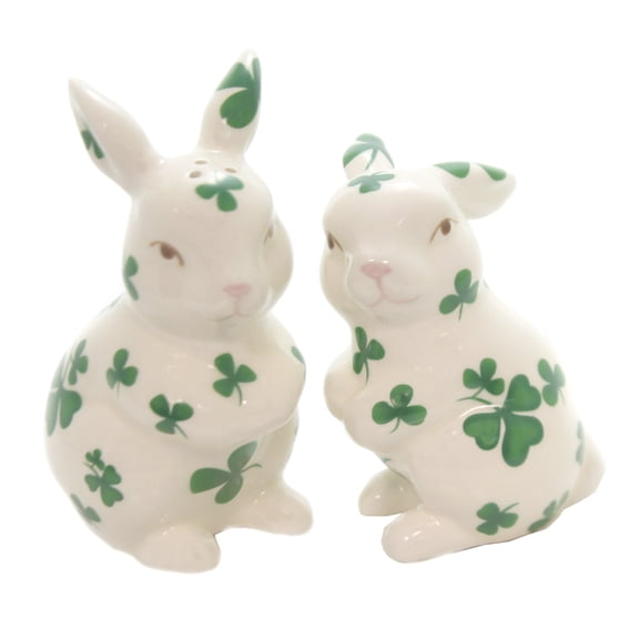 Ceramic Irish Easter Bunny Salt and Pepper Shakers Shamrock Pattern