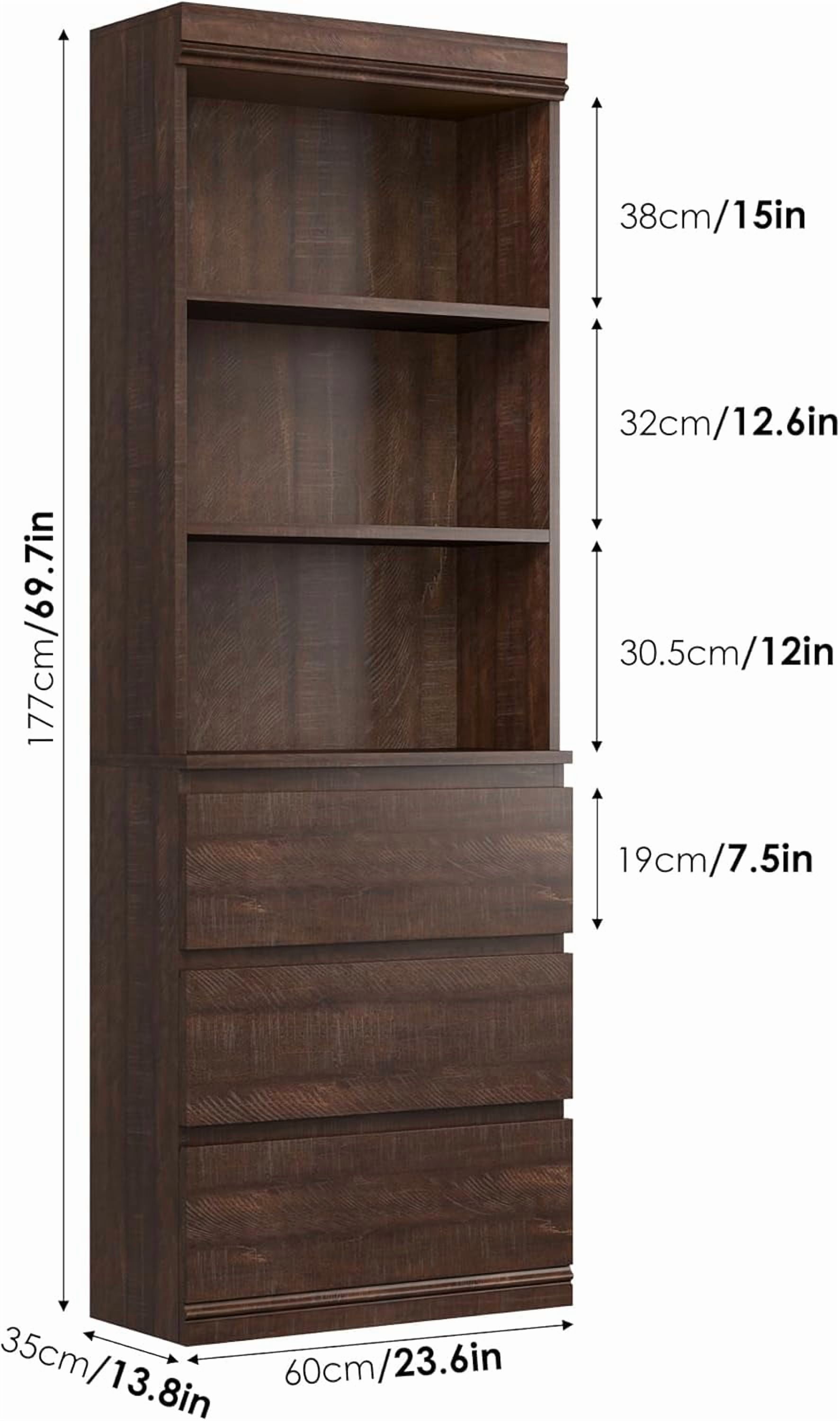 70" Modern Bookcase with Drawers: Deep Storage Organizer w/ 3 Shelves & 3 Cabinets for Home Office Library, Brown