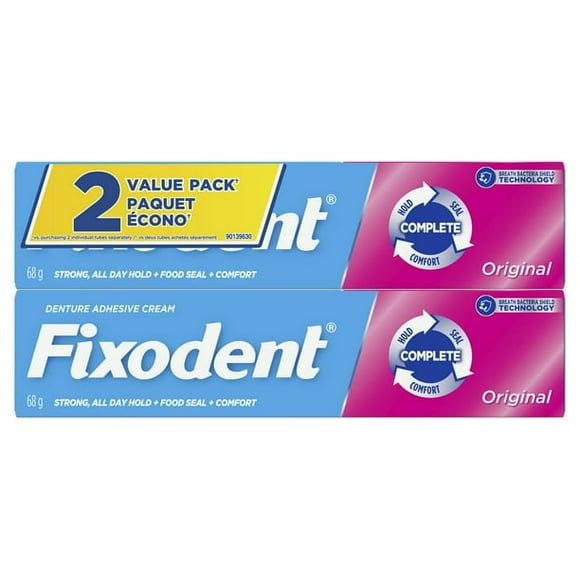 Fixodent Crème Adhésive Complète Originale pour Prothèses Dentaires, 68 g, pack Double