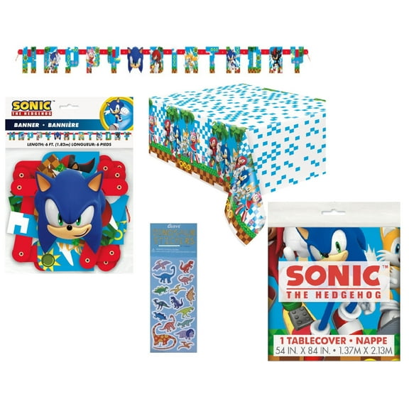Sonic Birthday Party Supplies Bundle includes 1 Happy Birthday Banner 6.25ft Long, 1 Plastic Table Cover 54" x 84", 1 Dinosaur Sticker Sheet