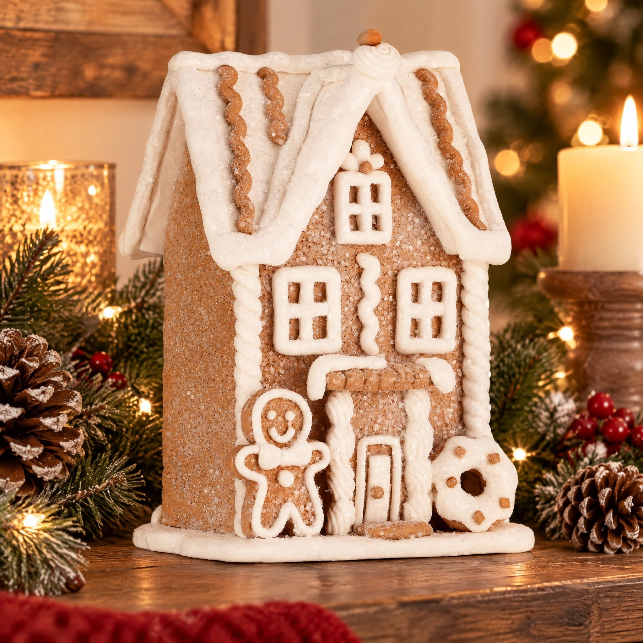 Clay Dough Gingerbread House Christmas Decoration, Brown and White, 5.3", by Holiday Time