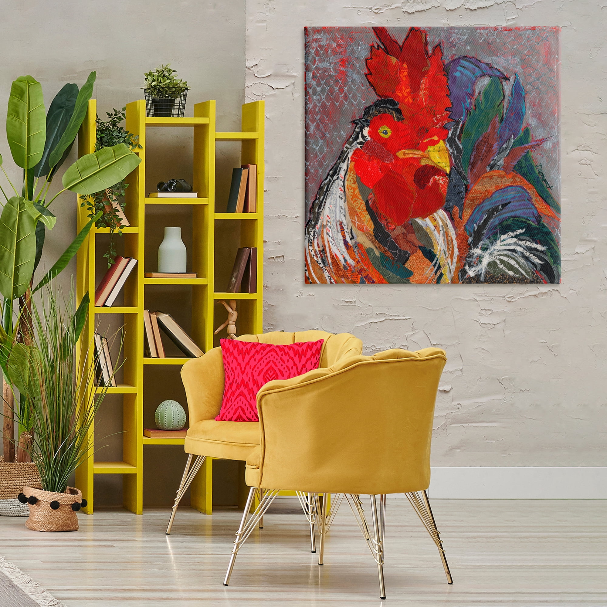 Stupell Industries Patterned Collage Rooster Animals Painting Wrapped Canvas Art Print Wall Art, 36 x 36