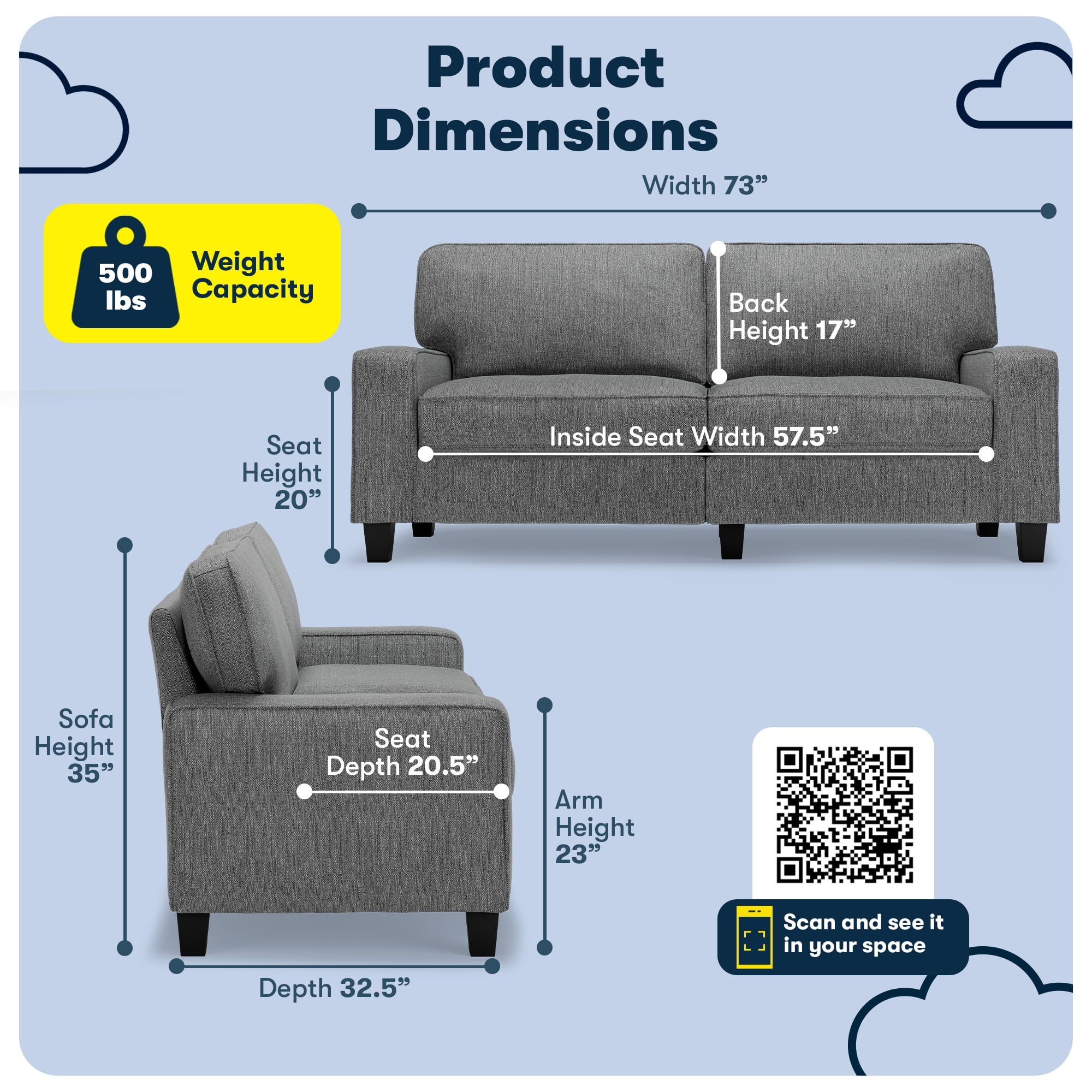 Serta Palisades 73" Track Arm Sofa, Easy Care Polyester, Loveseat or Couch for Small Spaces, Dark Gray