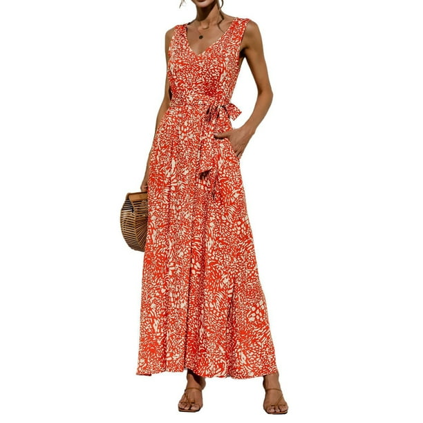 Txlixc Vestido de verano femenino sin mangas vestido de leopardo de cuello V profundo con bolsillos Txlixc moda