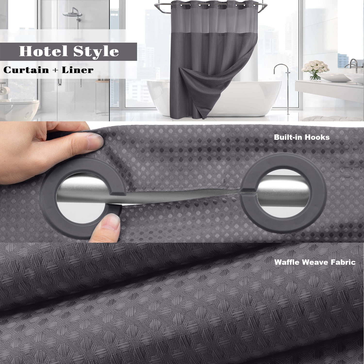 Waffle Weave Shower Curtain with Snap in Fabric Liner, No Hook Shower Curtain with Snap-in Liner, DawnJoanHD Dark Grey Heavyweight Fabric Shower Curtain with See Through Top Window, 72"X75"