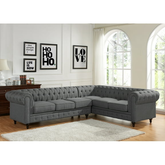 Uspridefurniture Durability Sophia Scroll Sectional Sofa with Wood Legs and High Density Foam, Grey