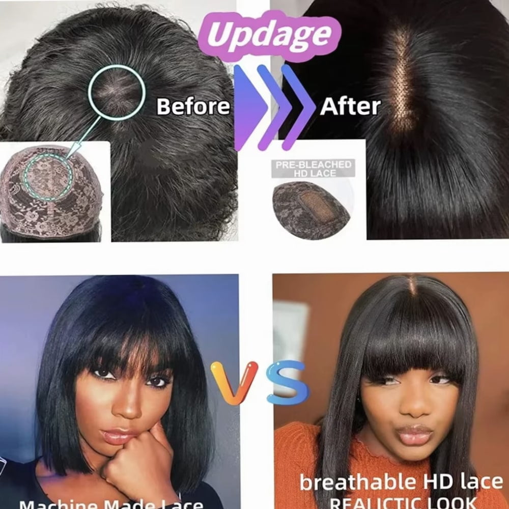 Typpkmm – Durable 8 Straight Bob Wig Human Hair with Bangs 3x1 HD Lace Middle Part Wigs for Women Glueless Wear and Go Bob Wigs 10 Inch, Black