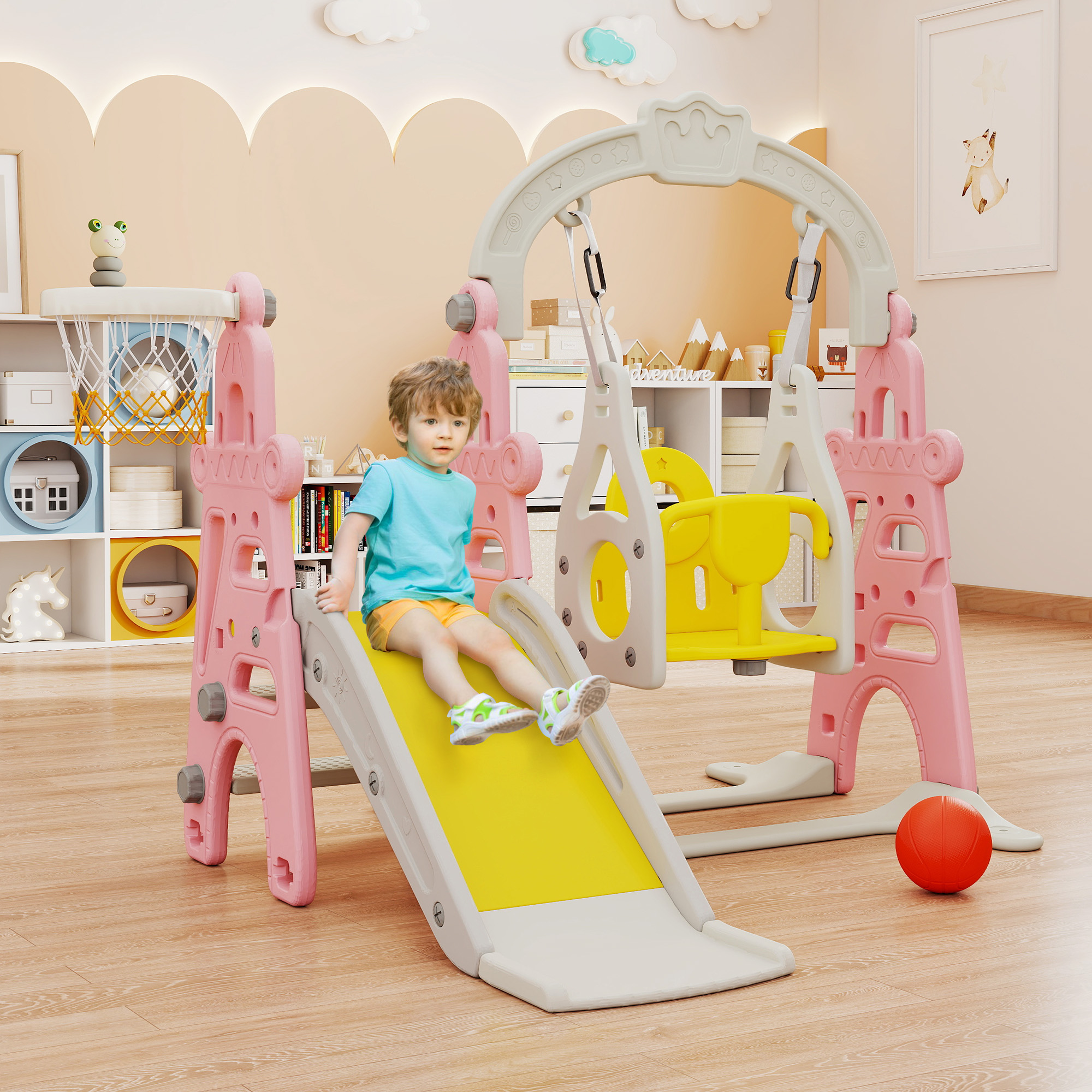 TOBBI 4 in 1 Slide and Swing Set for Toddlers, Indoor Slide Climber Toy, Swing Style,Pink,1+