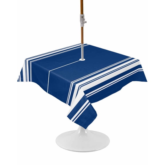 Outdoor Tablecloth with Umbrella Hole and Zipper Blue Striped Square Tablecloths 54x54 Inch Waterproof Table Cloths Blue White Stripes Patio Table Cover for Outdoor Tables Picnic BBQS Party Decor