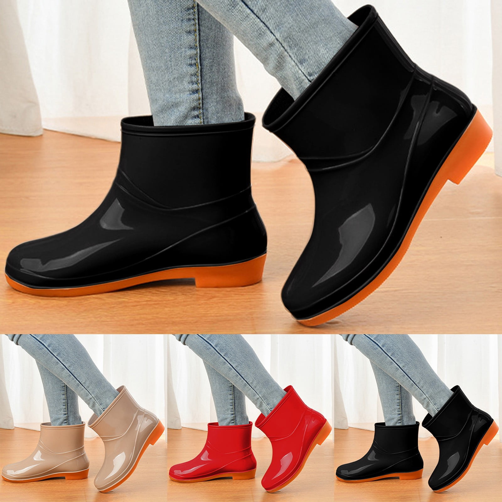 Dakaela Womens Rain Boots Waterproof Slip on Garden Shoes Rubber Sole Ankle Rainboots Booties Red 6.5