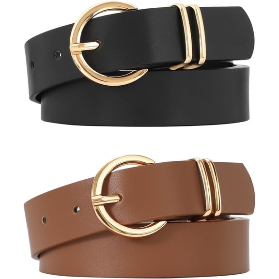 Prichor 2 Pack Women's Leather Belts for Jeans Dresses, Fashion Gold Buckle Ladies Belt, Faux Leather with Multi-Hole Adjustable Fit, Casual Formal