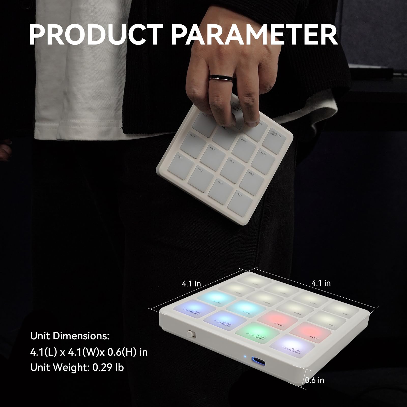 MIDI Controller Drum Pad Wireless Bluetooth MIDI Keyboard 16 Strike Pad Velocity Sensitive, Note Repeat, Full Level Buttons RGB Backlight Portable with Wired USB-C Built-in Battery