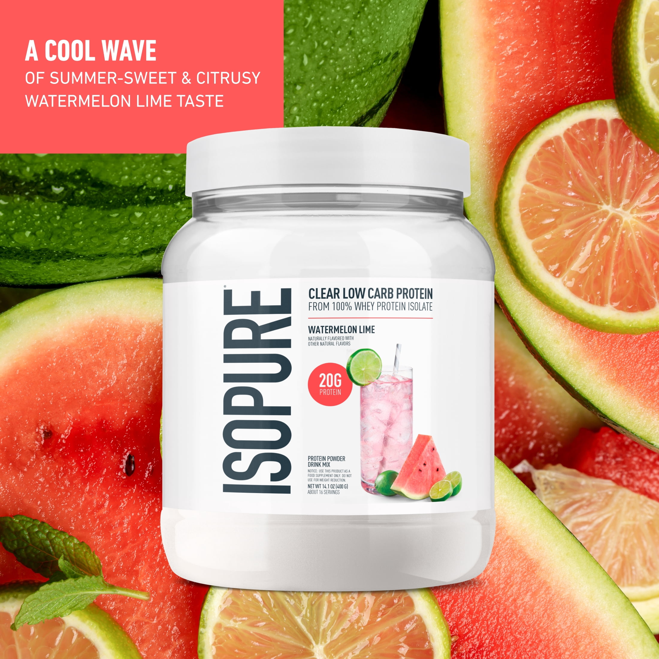 Isopure Clear Low Carb 100% Whey Protein Isolate Powder, Watermelon Lime, 20g Protein, About 16 Servings