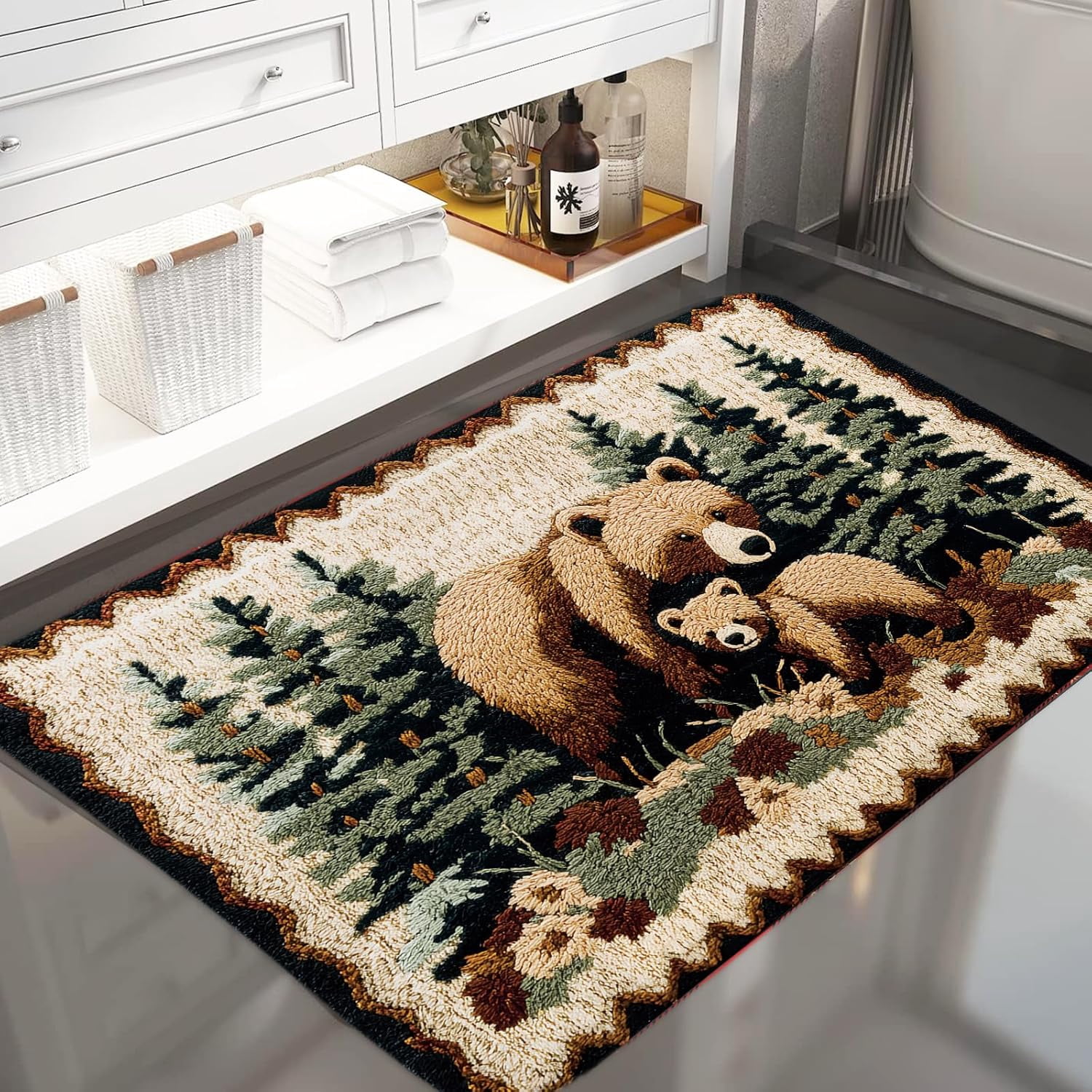 Bear Rug Farmhouse Bathroom Rugs Animal Brown Bear Forest Trees Rustic Cabin Carpet Camping Bath Rug Sets for Bathroom Bedroom Kitchen Outdoor Indoor, 19X31in