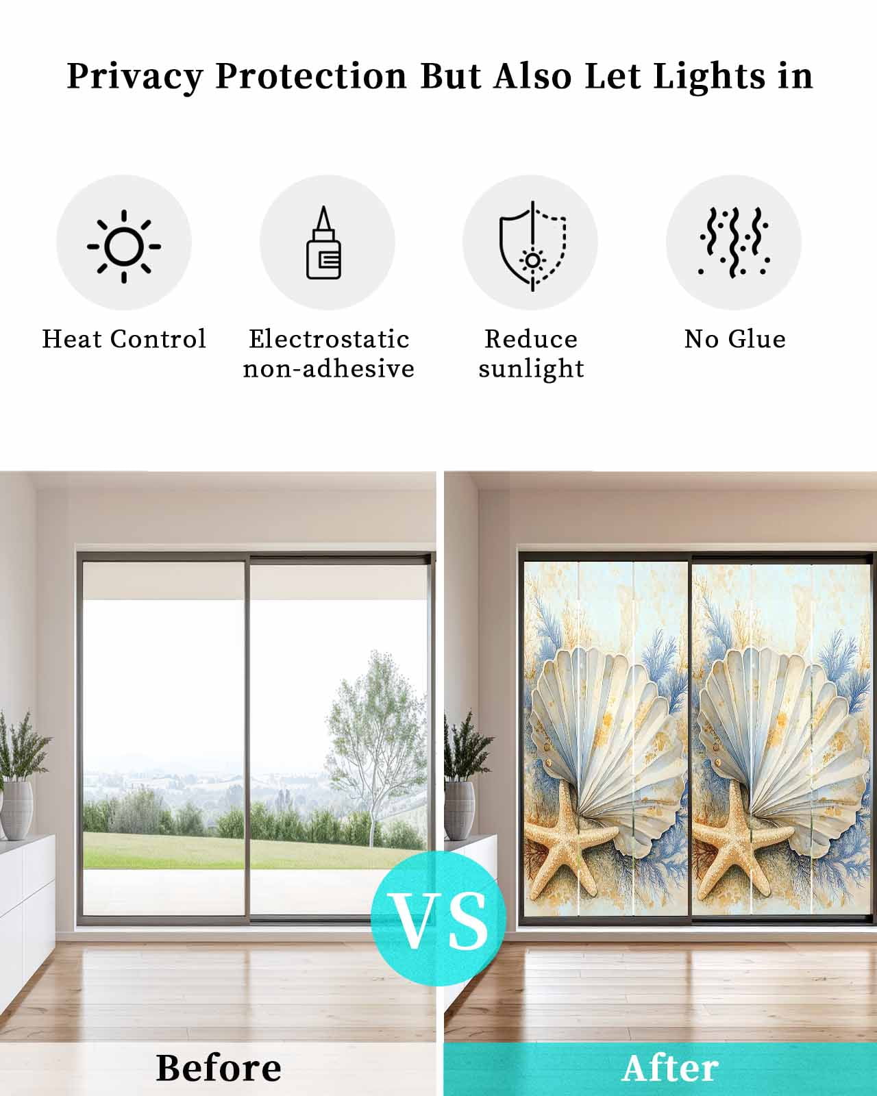 Window Privacy Film Coastal Shell Stained Glass Window Film Decorative Sun Block Window Cover Starfish Summer Beach Nautical Ocean Window Clings Static Adhesive Sticker for Bathroom 29.5"x78.7"