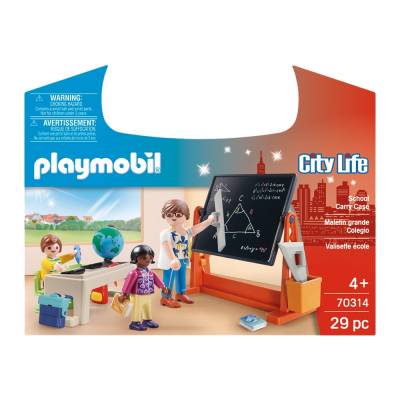 set de juego playmobil maletín colegio Multicolor — City Life, maletín escolar de 29 piezas con tres figuras Playmobil, pupitre con libros y mochila, pizarrón con ecuaciones y accesorios de aula en vista frontal sobre fondo blanco.