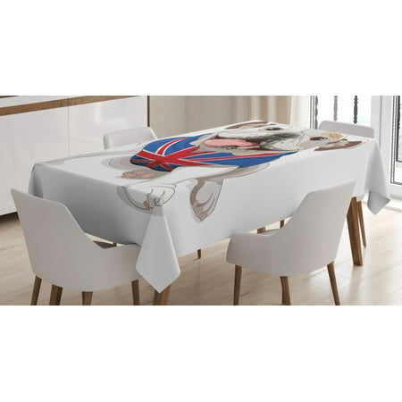 

English Bulldog Tablecloth Happy Dog Wearing a Union Jack Vest Cartoon Style Animal Design Rectangular Table Cover for Dining Room Kitchen 60 X 90 Inches Cream Navy Blue Red by Ambesonne