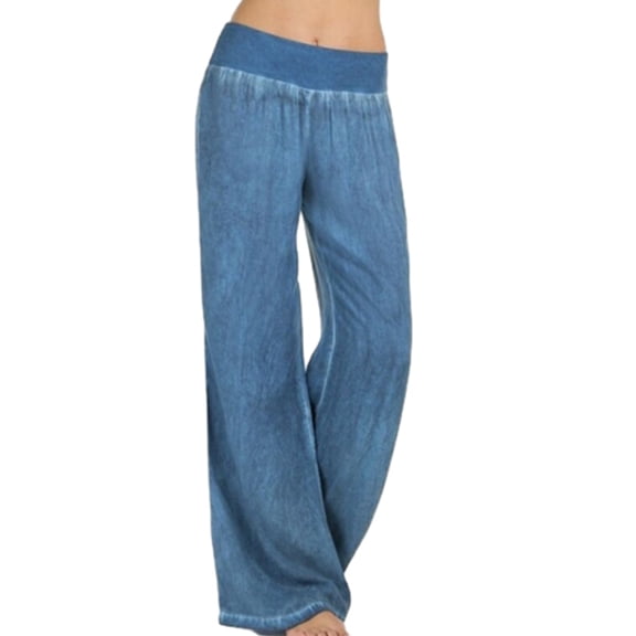 Womens Elastic Middle Waist Thin Denims Cargo Trousers Solid Color Wide Leg Casual Baggy Loose Lounge Yoga Pant