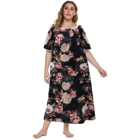 Women s Plus Size Nightgown Short Sleeve House Dress Vintage Lace Square Neck Night Gown Oversized Printed Mumu Duster Housecoat Soft Full Length Sleep Dress XL-5XL