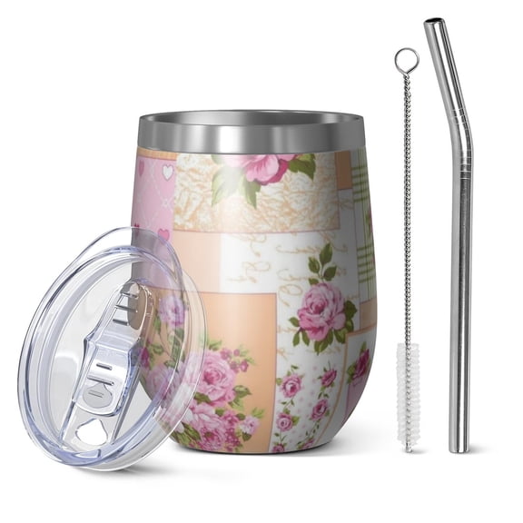 12oz Stemless Wine Tumblers Pioneer Flower Floral Print Pattern Vacuum Insulated Stainless Steel Travel Tumbler Cups Mug with Lid and Straw for Champaign,Cocktail,Beer with Cleaning Brush