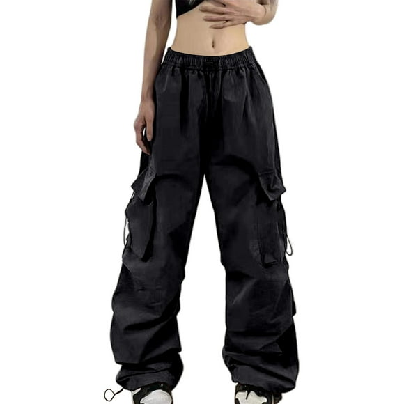 LUOGENLI Female Casual Pants Women's Summer Cargo Parachute Pants Loose Fit Pocket Vintage Street Style Women Casual Pants Sets Outfits 2 Piece for Fall Black XL