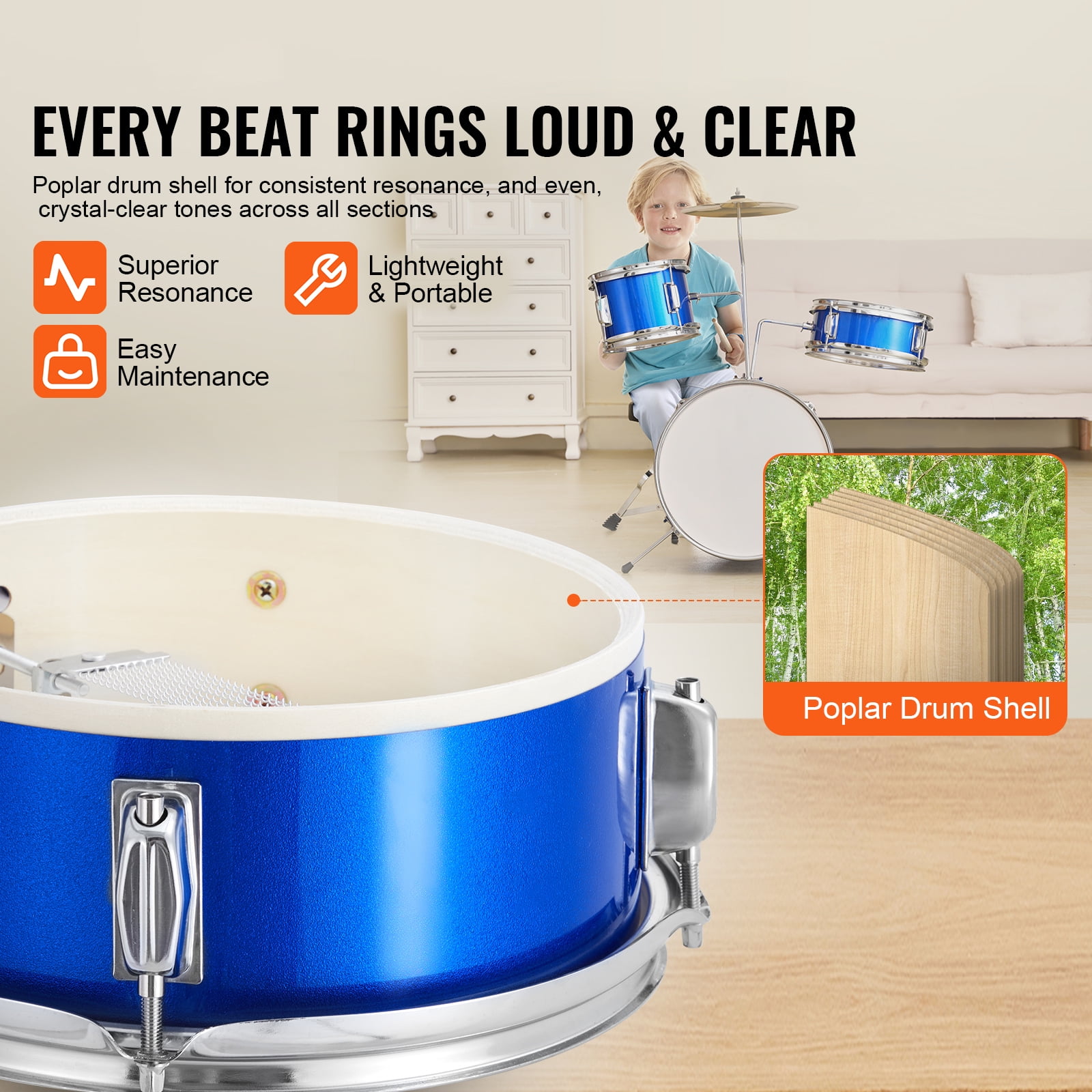 KFFKFF Children's Drum Kit, 3-Piece Set Drum, 14 '', Includes Adjustable Seat, Cymbal, Pedal, 2 Drumstick Pairs, 8'' Tom, 10'' Snare, 14'' Bass Drums, Ideal for Beginners, Blue
