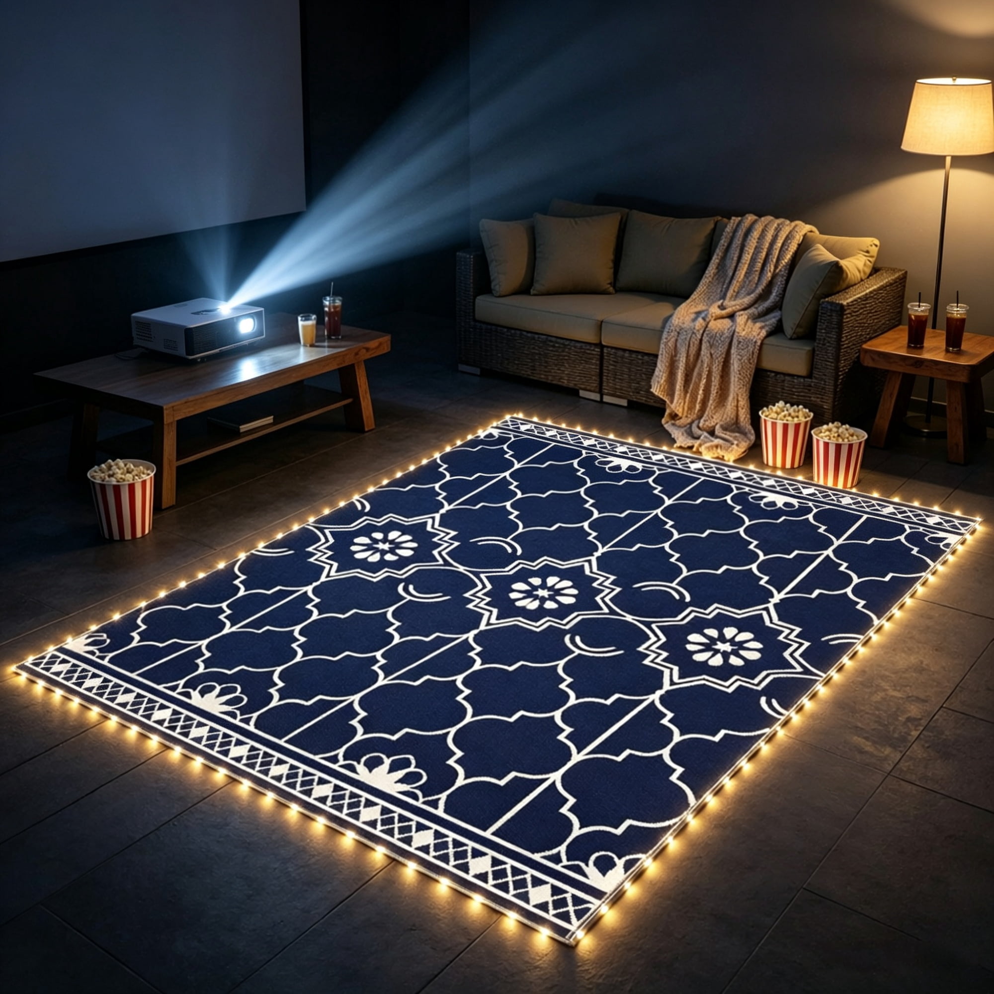 Reversible LED Light Outdoor Rug Carpet 12'x9' PP Straw Material with Carry Bag And Ground Stakes for Garden Patio Decor