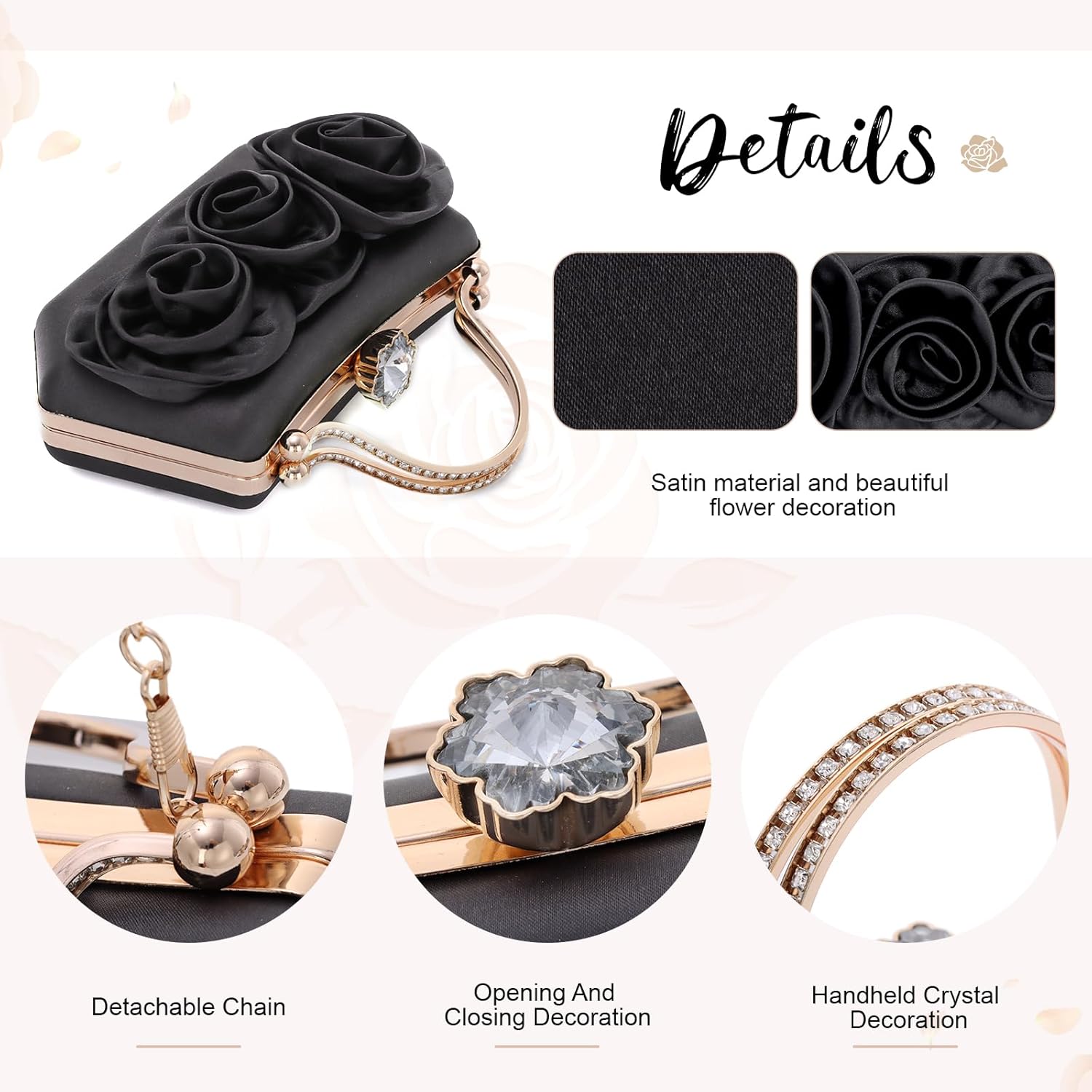 Women Flower Evening Handbag Satin Floral Clutch Purses Chain Strap Shoulder Bag