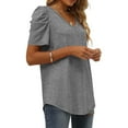 thumbnail image 6 of Fznquz Dressy Tops Women Work Puff Sleeve Gray Shirt Solid Casual V Neck Ladies Blouse, 6 of 7