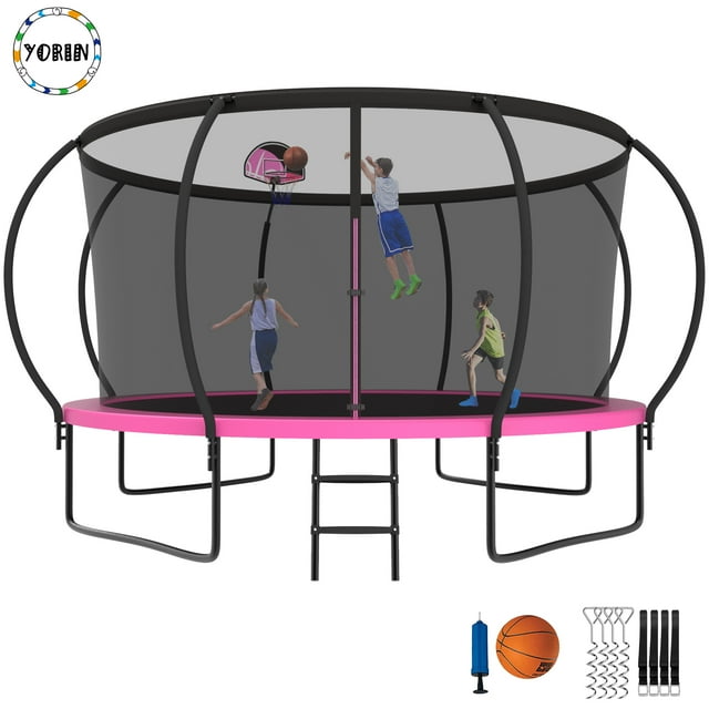 YORIN Trampoline pour Enfants de 5 à 6 Ans, Trampoline de 12 Pi pour Adultes avec Filet de Protection, Panier de Basketball, Échelle, Capacité de Poids de 1200 Lb, Trampoline Récréatif Extérieur, Trampoline Robuste
