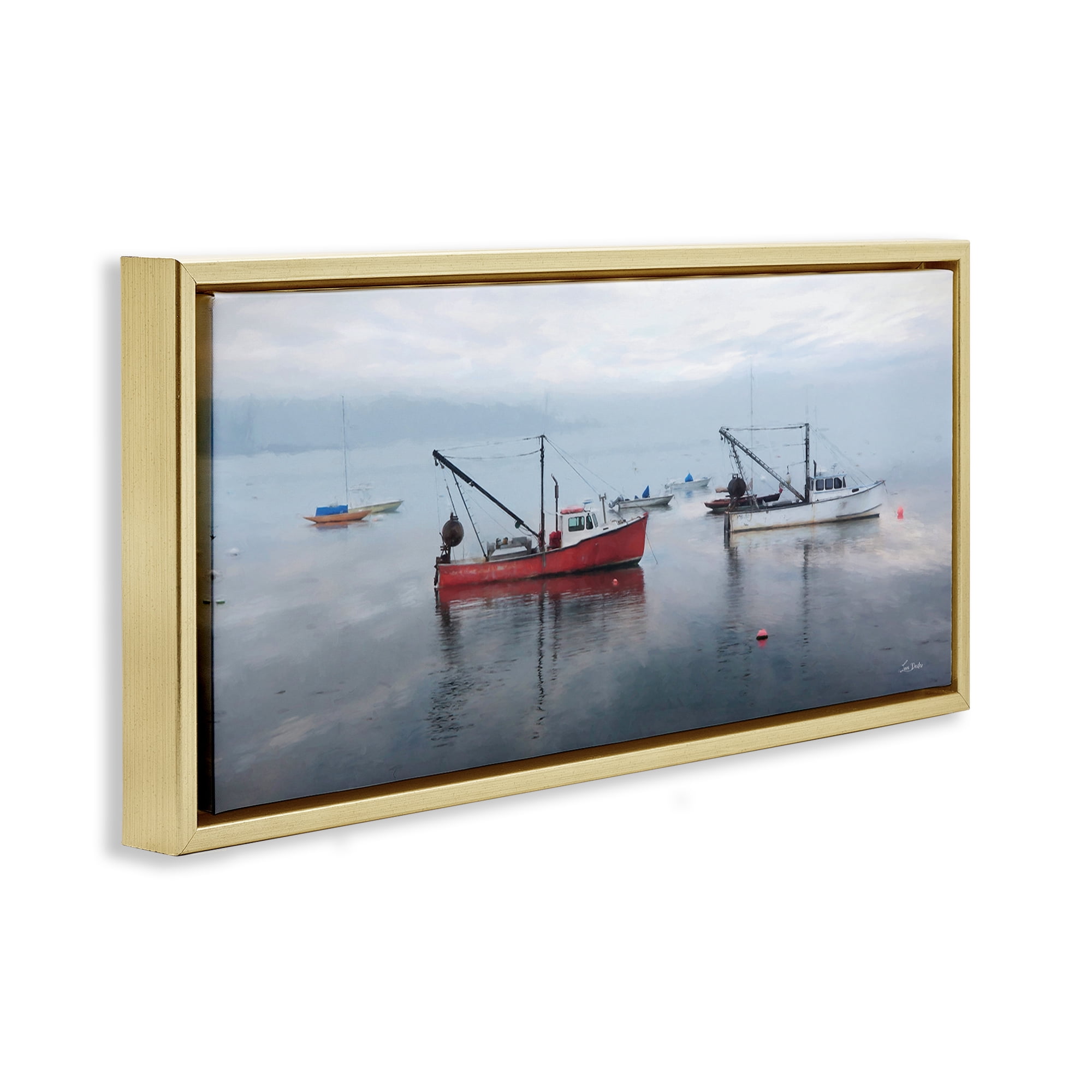 Stupell Industries Boat Harbor Seascape Nautical & Beach Photography Gold Floater Framed Canvas Art Print Wall Art, 31 x 14