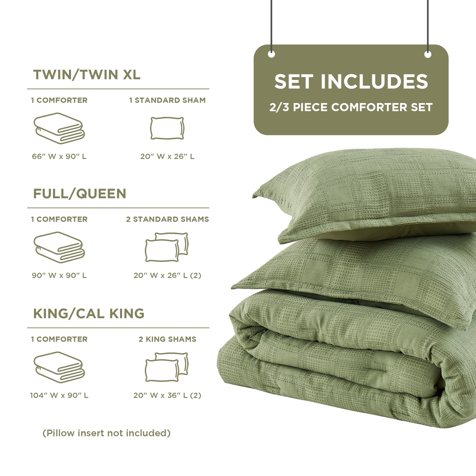 Regency Heights Waffle Weave Comforter Set, Full/Queen Size Textured Comforter Bed Set, 3-Piece Lightweight Bedding Set with Pillow Shams for All Season, Green