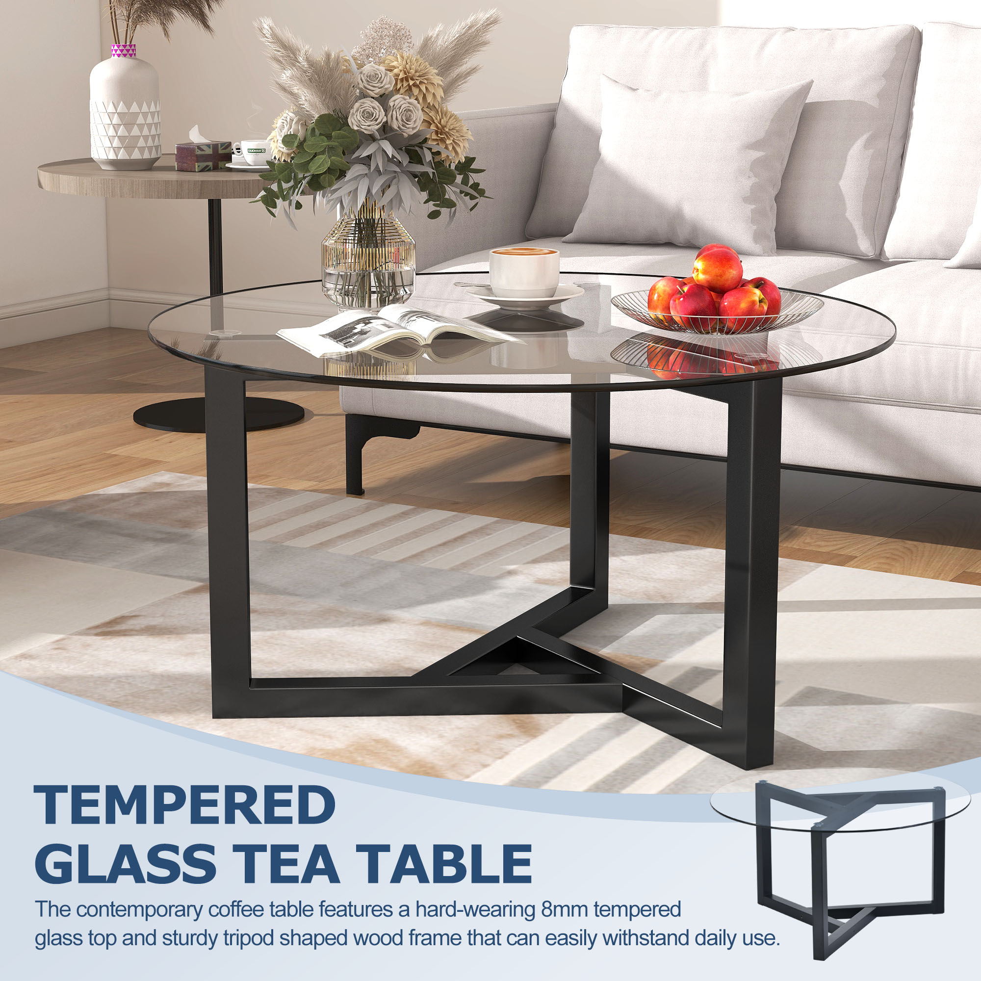 MAYEERTY Round Glass Coffee Table with Tempered Glass Top & Sturdy Wood Base, Easy Assembly Modern Cocktail Table, Black