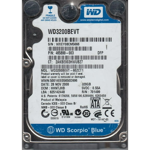 WD3200BEVT-60ZCT1, DCM HHNTJHB, Western Digital 320GB SATA 2.5 Hard Drive
