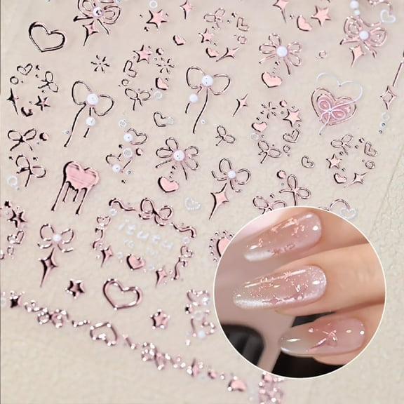 Nail Stickers 5d Bow Heart Shaped Self Adhesive Nail Decals  for Nail Decoration/Art 2pcs（Rose Gold）