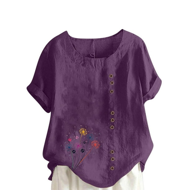 Vestidos Casuales Para Mujer, Blusas De Mujer De Moda Blusa informal de lino con cuello redondo, manga corta y botones para mujer