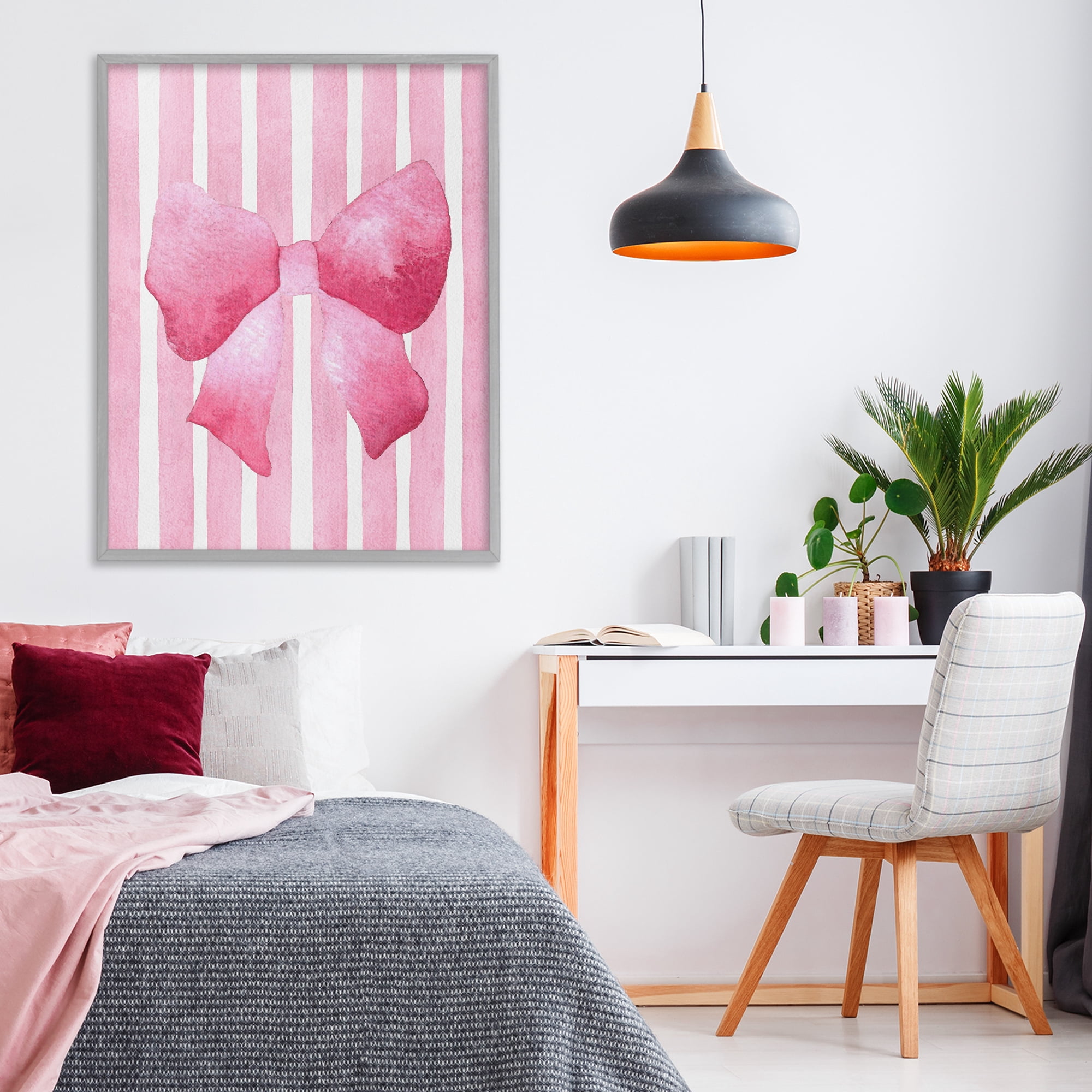 Stupell Industries Chic Bow on Pink Stripes Gray Framed Giclee Art, design by Camila Juncos