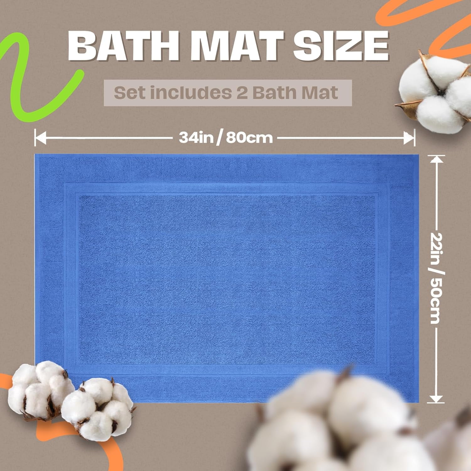 Premium Cotton Banded Blue Bath Mats Pack of 2, 22x34 inches [Not a Bathroom Rug] - Infinitee Xclusives